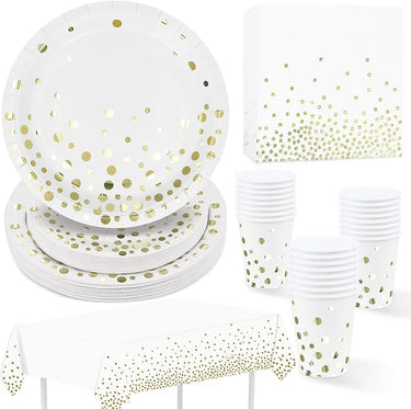 Juego de vajilla para fiesta Blanco con lámina de oro 97 piezas Platos de papel, Servilletas, Vasos de papel, Mantel, Juego de fiesta desechable